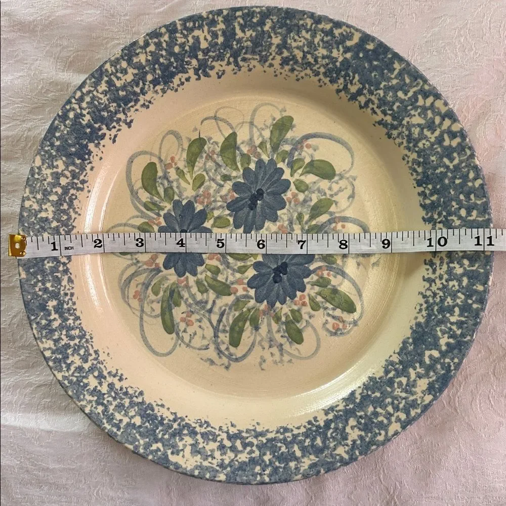 Plate Blue Spongeware Large Pottery Floral Pattern Deep Dish Large